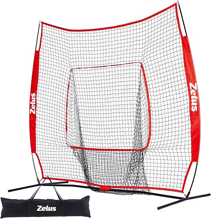ZELUS Baseball Net 7 ft x7 ft, Softball Hitting & Pitching with Carry Bag, Ground Stakes, Portable Backstop & Bow Frame, Training Equipment for All Ages