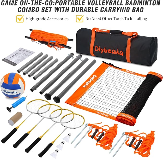 Outdoor Volleyball Badminton Combo Set with Net, Anti-Sagging Design, 4 Badminton Rackets, 3 Birdies and PU Volleyball for Backyard Lawn Beach