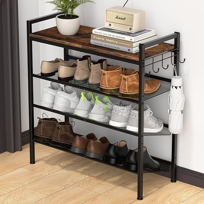 Refrze Shoe Rack for Front Door Entrance, 4 Tier Height-Adjustable Metal Shoe Rack, Sturdy Wooden Top and Tiltable Steel Frame Heavy Duty Shoe Organizer for Bathroom,Bedroom,Kitchen,Include Hook