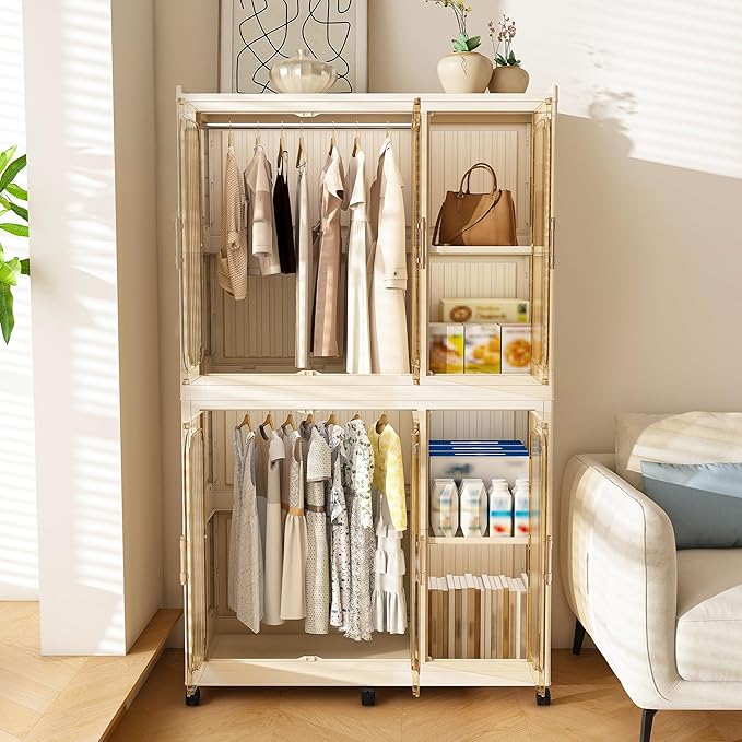 Collapsible Expandable Wardrobe Closet, Multi-Function Plastic Wardrobe,Wardrobes Storage Cabinet (6 Cubes+2 Hanging Rod)