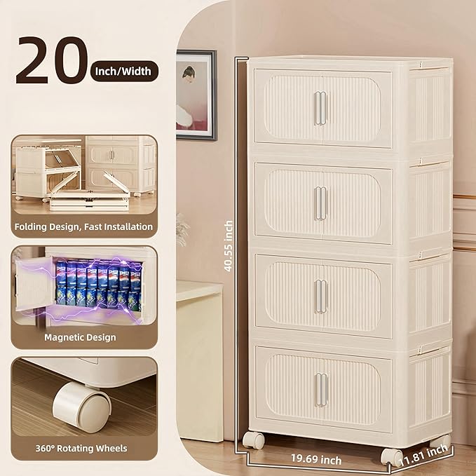 Holaki 156 QT Storage Bins with Lid, 4 Tiers Collapsible Closet Organizers, Stackable Plastic Storage Bins Cabinet Box with Wheels and Magnetic Door(Opaque)