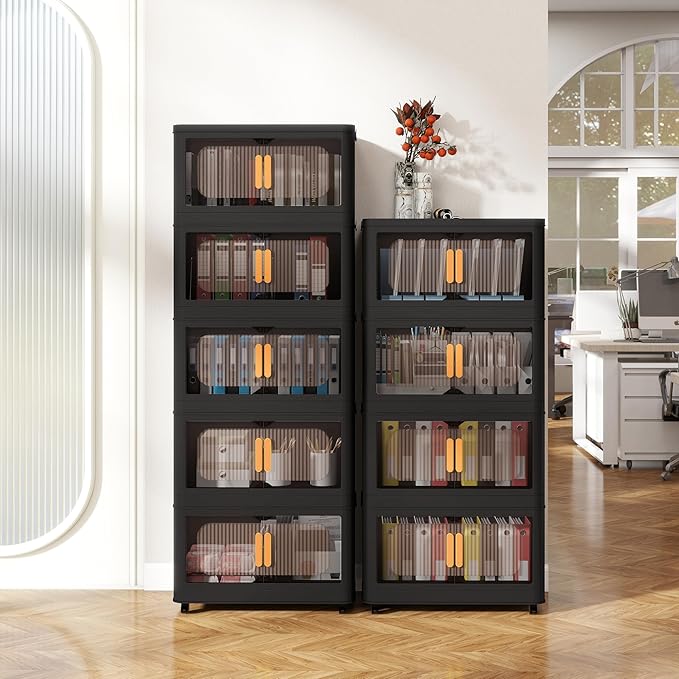Holaki 256 QT Storage Bins with Lid, 4 Tiers Collapsible Closet Organizers, Stackable Plastic Storage Bins Cabinet with Wheels and Magnetic Door(Black Larger)