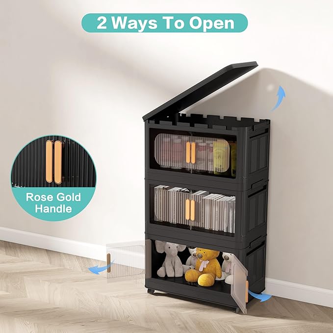 Holaki 195 QT Collapsible Closet Organizers with Lid, 5 Tiers Stackable Plastic Storage Bins Cabinet with Wheels and Magnetic Door (Black)
