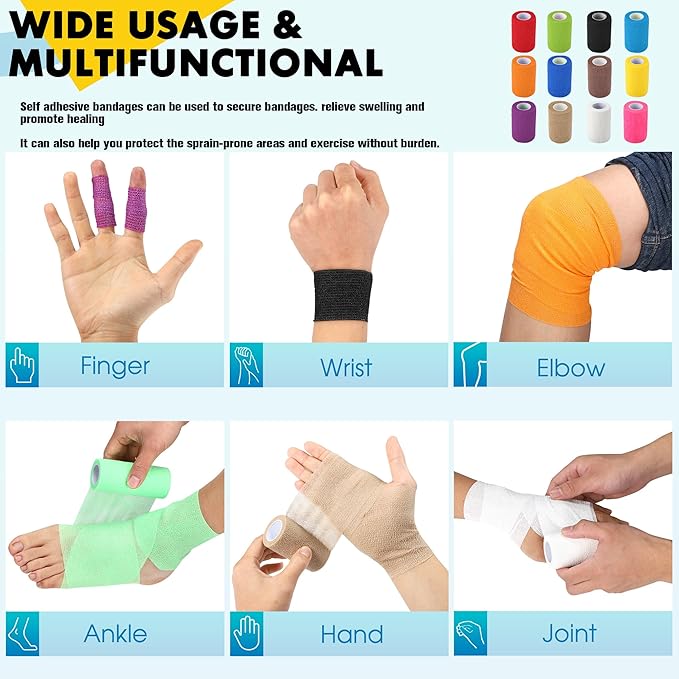 8 Pack Self Adhesive Bandage Wrap, 3 in x 5 Yards Non-Woven Self Adherent Cohesive Bandage, Vet Wrap Wound Tape for Thumb Finger Wrist Knee Ankle, White