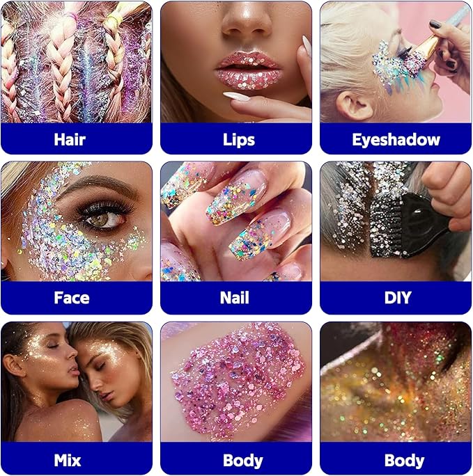 Body Glitter Gel, Face Shimmer Glitters for Women Girls, Long Lasting Sparkly Makeup for Birthday Christmas Festivals, Nails Hair Eyeshadow Paint Accessory (Gold)