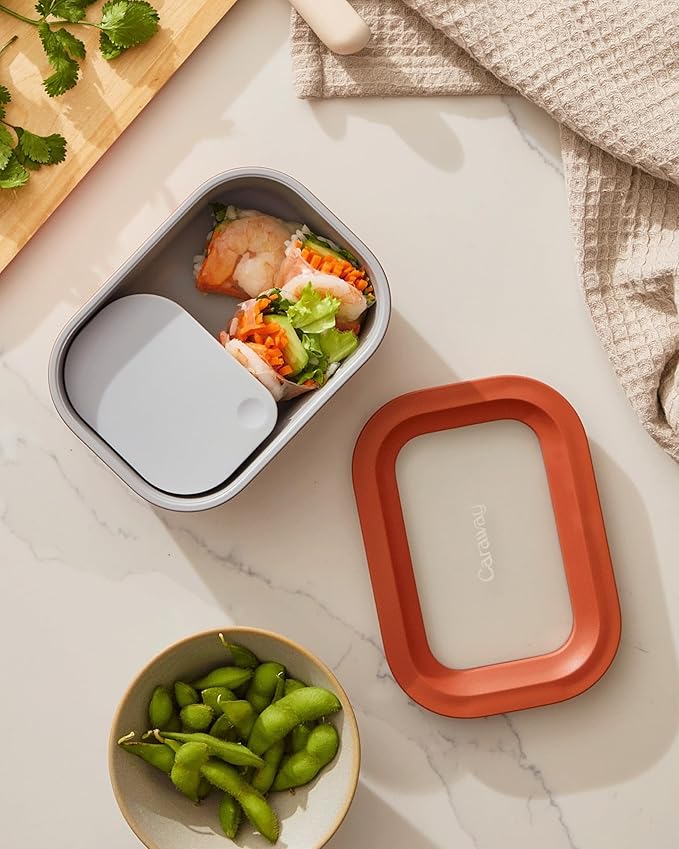 Caraway 2pc Glass Food Storage Set - 2.6 Cup Food Containers (2) - Non-Toxic Ceramic-Coated Glass - Air Release Technology - Compact & Stackable Design - Gray