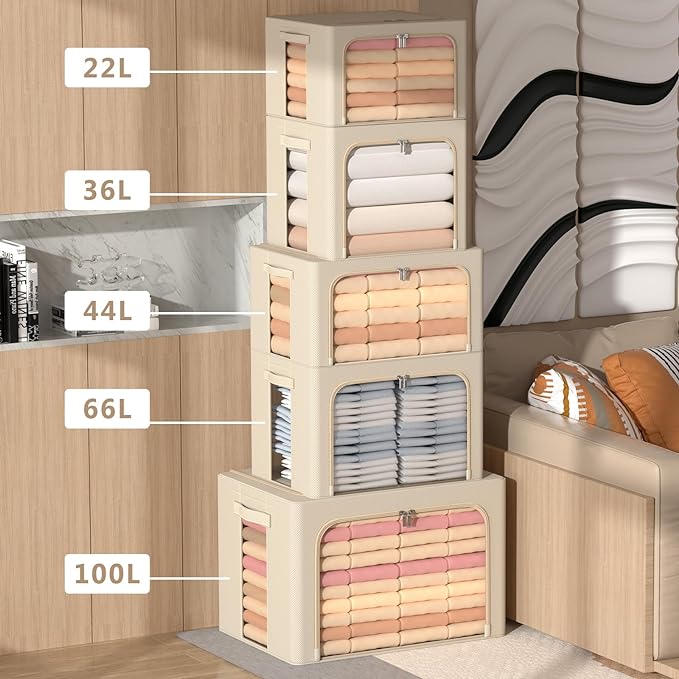 3Pack Frame Storage Box - Clothes Storage Bin Bags Oxford Fabric Foldable Stackable Container Organizer Set with Clear Window & Carry Handles (Beige, Medium-44L)