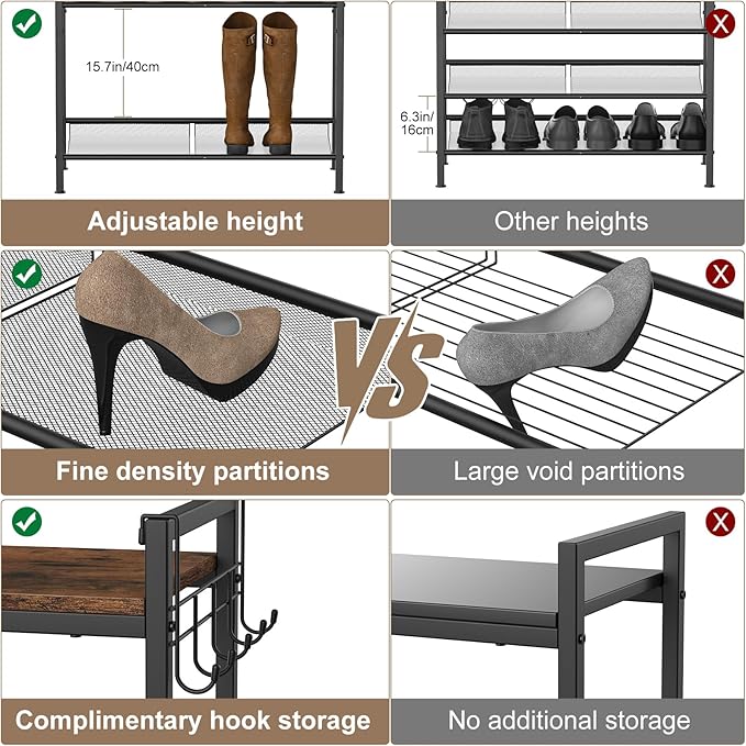 Refrze Shoe Rack for Front Door Entrance, 5 Tier Height-Adjustable Metal Shoe Rack, Sturdy Wooden Top and Tiltable Steel Frame Heavy Duty Shoe Organizer for Bathroom,Bedroom,Kitchen,Include Hook