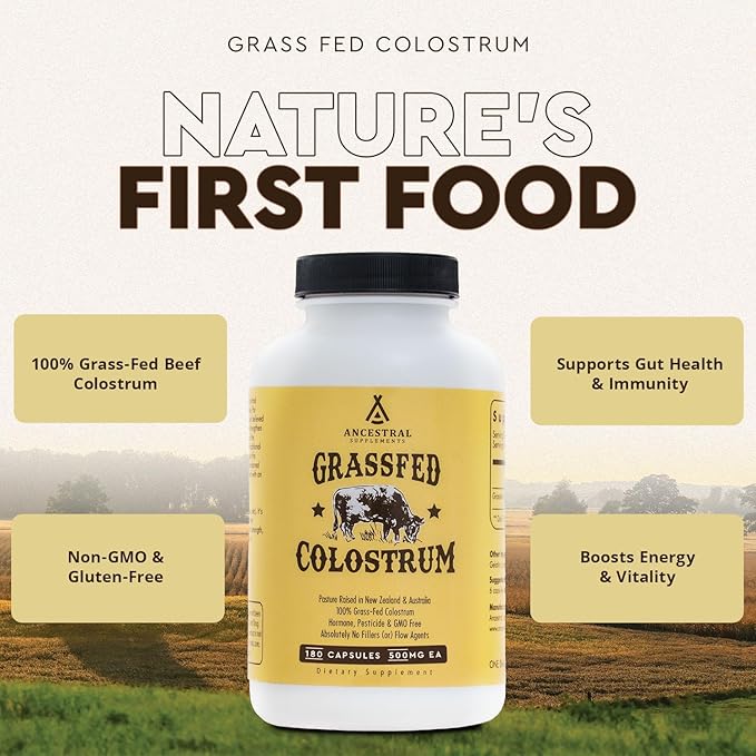 Ancestral Supplements Grass Fed Beef Colostrum Supplement, 3000 mg, Offers Immune Support and Promotes Gut Health, Athletic Performance, Healthy Iron Levels, Growth and Repair, Non GMO, 180 Capsules