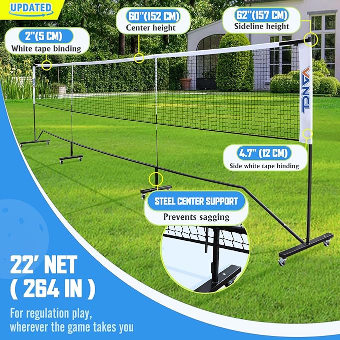 Pro Pickleball Net Portable with Wheels – 22ft Heavy Duty Pickleball Net System with Sturdy Aluminum Frame for Outdoor & Indoor – Nylon Net & Carrying Bag for Pickleball, Tennis, Badminton