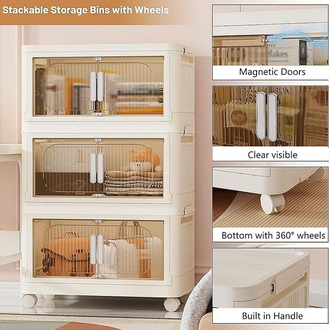 Holaki 117 QT Storage Bins with Lid, 3 Tier Collapsible Closet Organizers and Stackable Plastic Storage Bins Cabinet with Wheels and Magnetic Door (White)