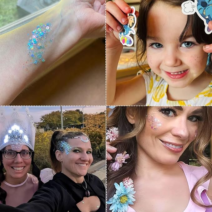 Body Glitter Gel - 4th of July Accessories, Sparkly Chunky Glitter Hair for Kids Women, Iridescent Glitter Freckles, Singer Concert Festival Rave Accessories (Mermaid Glitter)
