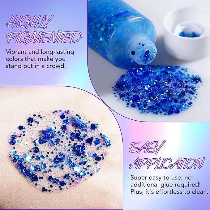 6Pcs Body Glitter for Women - Holiday Glitter Gel for Face &Body & Hair & Nail DIY|Hair Glitter Gel Create A Stunning Visual Feast |Multiple Purpose Body Glitter Gell Long Lasting Mermaid Series Set