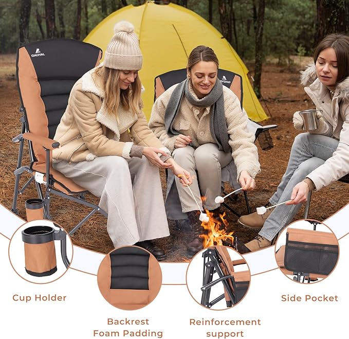 Camping Chairs for Adults, Adjustable Backrest Heavy Duty Oversized Folding Camping Chair Supports 350lbs for Outside with Cup Holder&Side Pocket, Outdoor Folding Camp Chair with High Back (Brown)