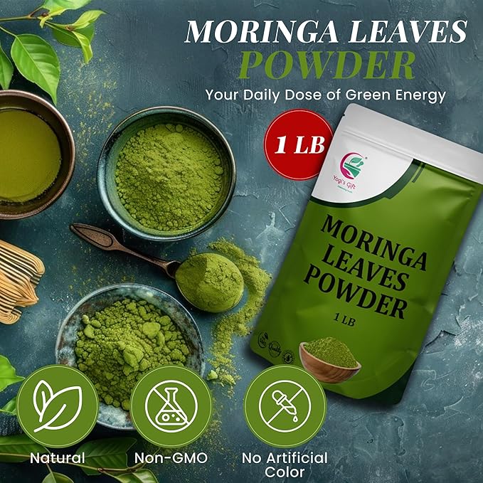 Moringa Powder 1 LB, 100% Pure & Natural Moringa Leaf Powder, Premium Quality for Smoothies & Tea, Resealable Bag for Freshness - By Yogiโs Giftยฎ