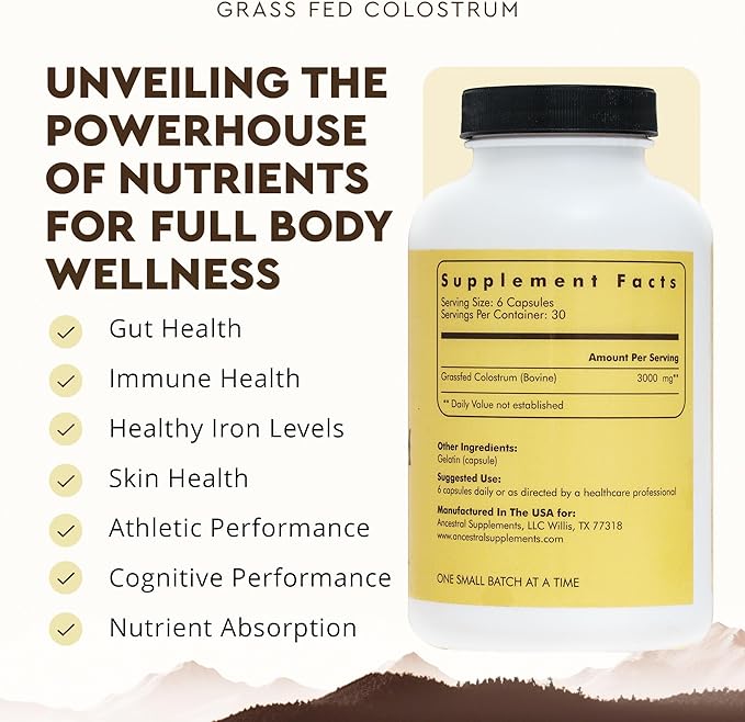 Ancestral Supplements Grass Fed Beef Colostrum Supplement, 3000 mg, Offers Immune Support and Promotes Gut Health, Athletic Performance, Healthy Iron Levels, Growth and Repair, Non GMO, 180 Capsules