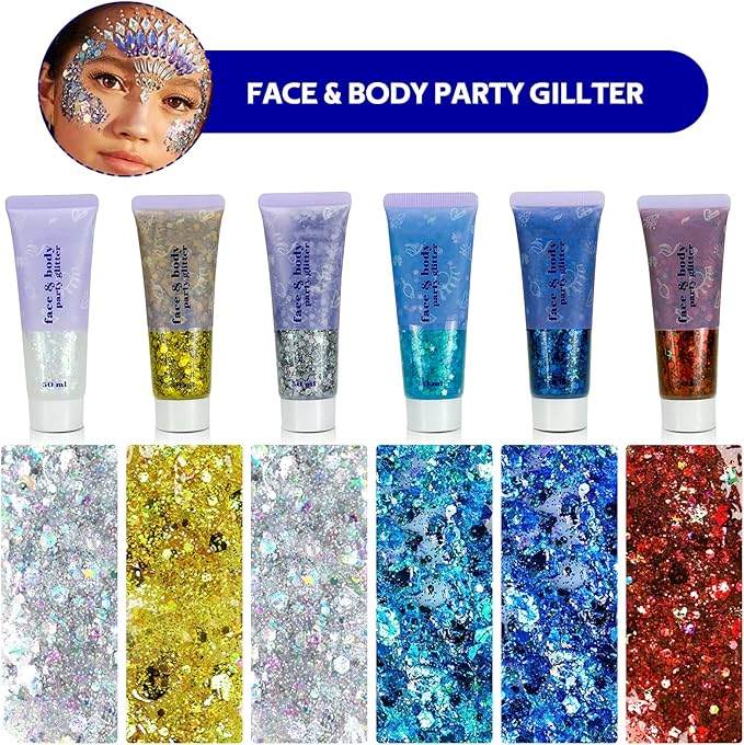 Body Glitter Gel, Face Shimmer Glitters for Women Girls, Long Lasting Sparkly Makeup for Birthday Christmas Festivals, Nails Hair Eyeshadow Paint Accessory (Gold)