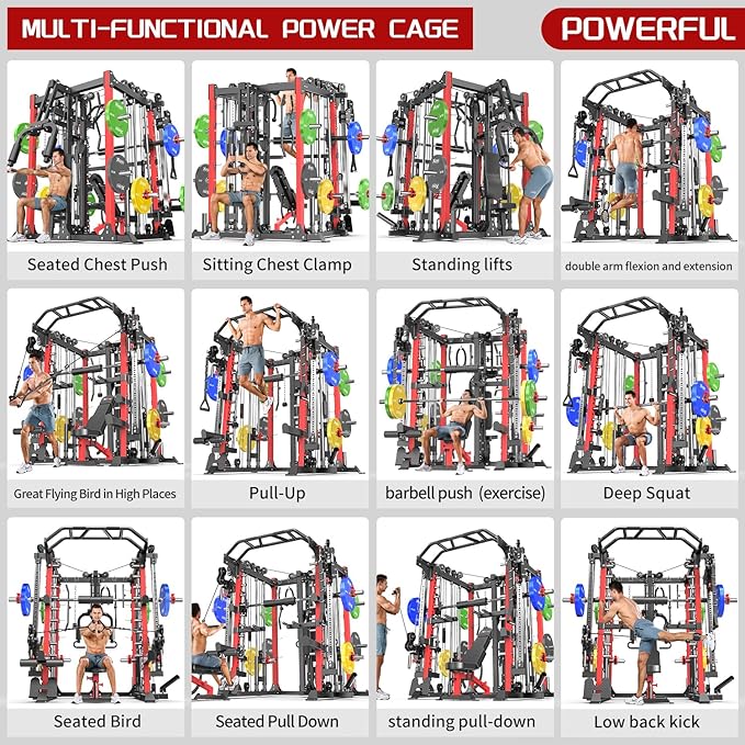 Smith Machine Power Rack Multifunctional Power Cage Deep Squat Rack Cable Crossover System Selectable More Training Attachment for Garage & Home Gym