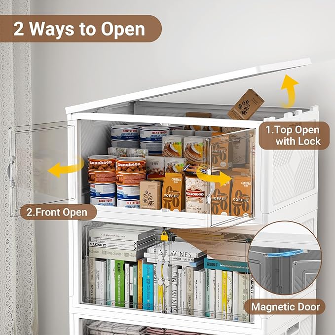 400QT Extra Large Stackable Storage Bins, 100Gal Clear Plastic Closet Organizer Cabinet with Lid and Wheels, Collapsible Latch Boxes Folding Drawer with Door for Home Kitchen, V20 4Pack White