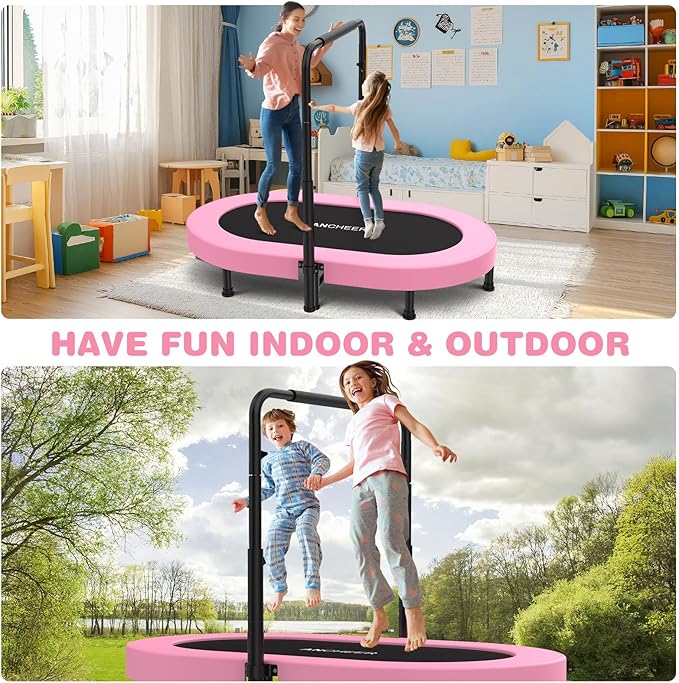 ANCHEER 56" Double Mini Trampoline for Kids, Mini Rebounder with 5-Level Adjustable Handle, Parent-Child Trampoline for Kids, Max Load 220lbs, Fun for Indoor/Outdoor