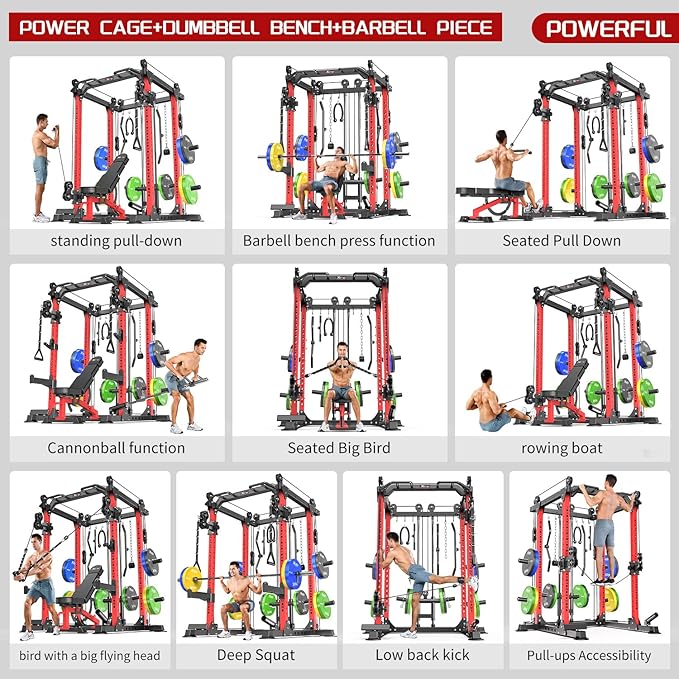 Power Cage,1600lbs Multi-Function Power Rack with Adjustable Cable Crossover System and More Training Attachment, Weight Cage for Home Gym