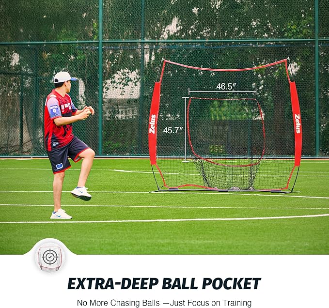 ZELUS Baseball Net 7 ft x7 ft, Softball Hitting & Pitching with Carry Bag, Ground Stakes, Portable Backstop & Bow Frame, Training Equipment for All Ages