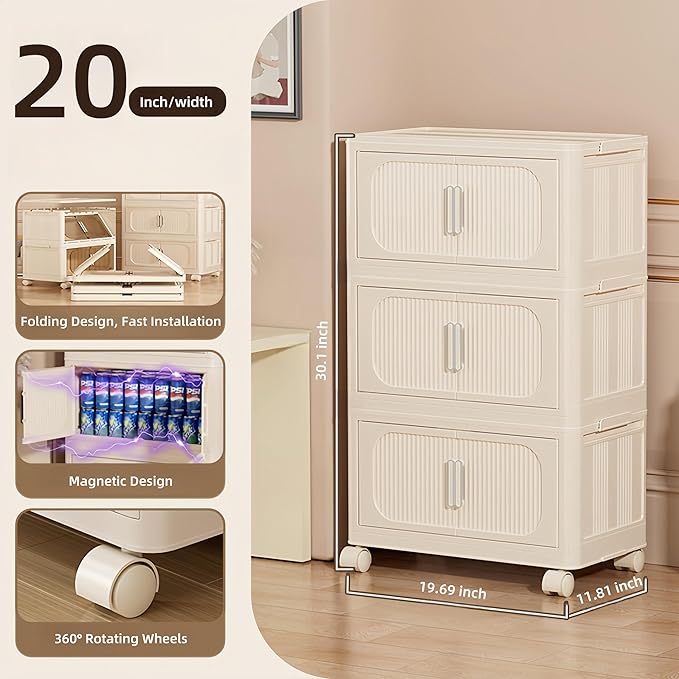 Holaki 117 QT Storage Bins with Lid, 3 Tier Collapsible Closet Organizers, Stackable Plastic Storage Bins Cabinet with Wheels and Magnetic Door, Opaque