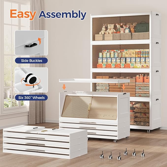 240GAL Extra Large Stackable Storage Bins with Lid, 960QT Plastic Closet Organizer and Storage Cabinet with Wheels and Doors, Folding Storage Box Container for Home Organization, 3Pack White