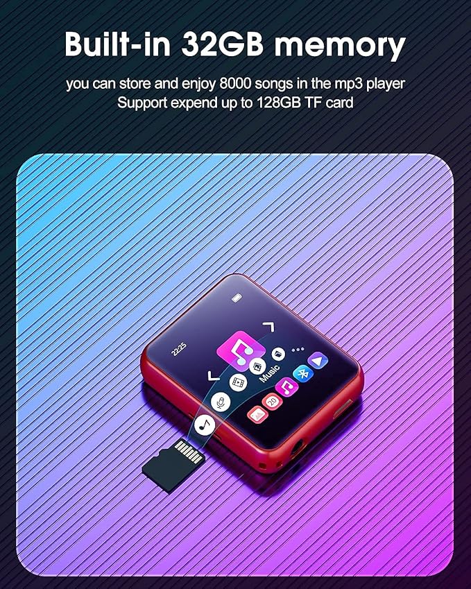 MP3 Player Bluetooth 5.3 Full Touch Screen Color Screen Mini MP3 Player, HiFi Lossless Music Player with Speakers, FM Radio, Recording, Support up to 128GB (red)