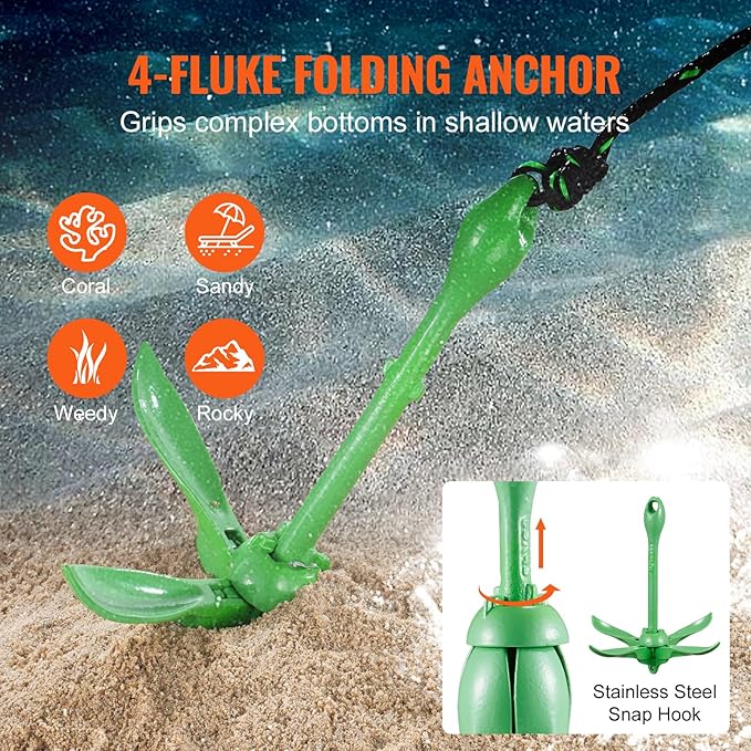 VEVOR Kayak Anchor Kit, 3.5 lb Paddle Board Anchor Kit with 26.2 ft/8 m Rope and Buoy, Folding Small Boat Anchor with Storage Bag and Snap Hook, Kayak Accessories for Kayaks, Small Boats, Canoes