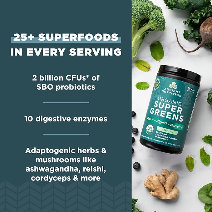 Ancient Nutrition SuperGreens Powder with Probiotics, Organic Peppermint Flavor Greens, Made from Real Fruits, Vegetables and Herbs, for Digestive and Energy Support, 25 Servings, 7.23oz