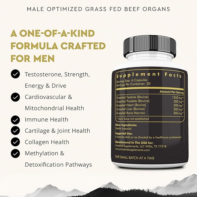 Ancestral Supplements Mofo, Supplements for Men, Support for Energy Levels and Overall Men's Health and Wellness, Non-GMO Grass Fed Beef Organ Supplement with Liver, No Fillers, 180 Capsules