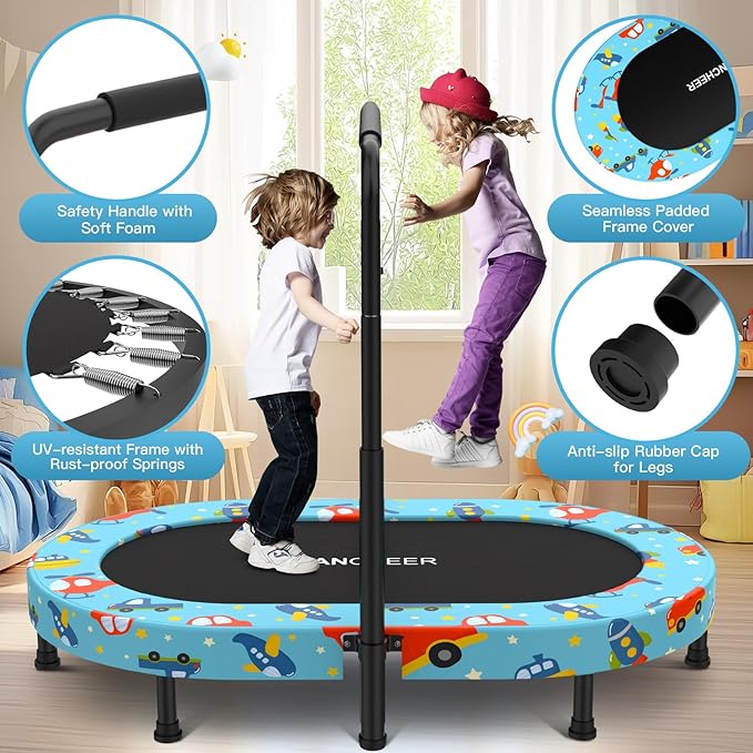 ANCHEER 56" Double Mini Trampoline for Kids, Mini Rebounder with 5-Level Adjustable Handle, Parent-Child Trampoline for Kids, Max Load 220lbs, Fun for Indoor/Outdoor