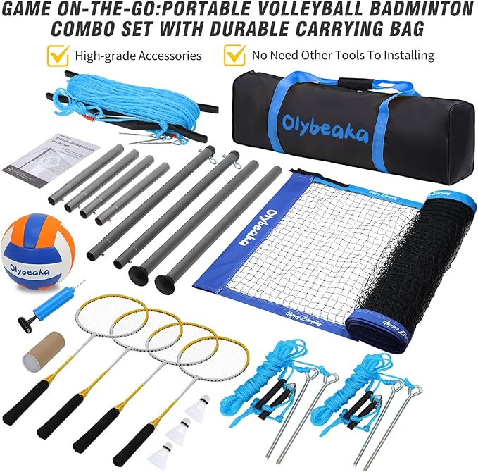 Outdoor Volleyball Badminton Combo Set with Net, Anti-Sagging Design, 4 Badminton Rackets, 3 Birdies and PU Volleyball for Backyard Lawn Beach