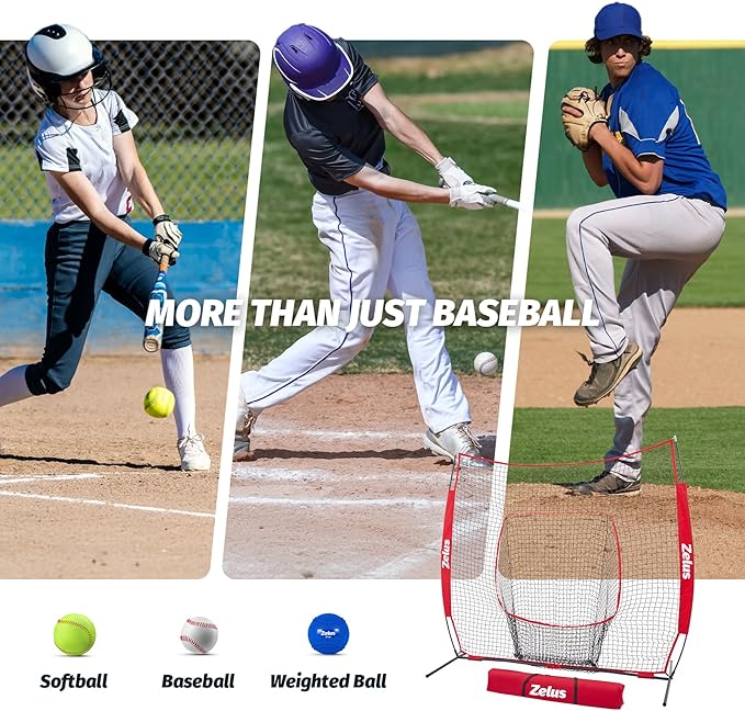 ZELUS Baseball Net 7 ft x7 ft, Softball Hitting & Pitching with Carry Bag, Ground Stakes, Portable Backstop & Bow Frame, Training Equipment for All Ages