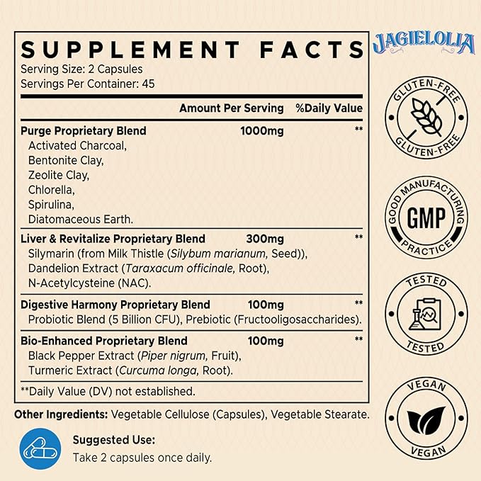 All-In-One Detox Binder Supplement 1500 MG - High Bioavailability, Liver Gut Detox Cleanse with Activated Charcoal, Zeolite & Bentonite Clay for Toxins, Liver, Digestive, 180 Vegan Capsules