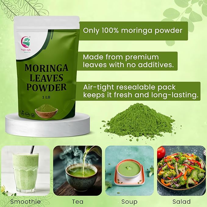 Moringa Powder 1 LB, 100% Pure & Natural Moringa Leaf Powder, Premium Quality for Smoothies & Tea, Resealable Bag for Freshness - By Yogiโs Giftยฎ