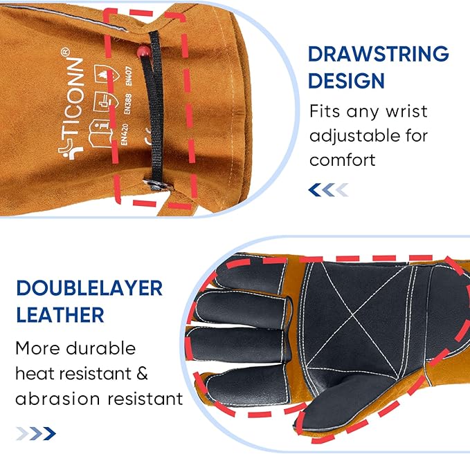 TICONN Welding Gloves, 16 IN L/XL/XXL 1000°F Heat-Resistant Fireproof Leather Gloves for Welders, Stick, Forge, Mig, Tig, BBQ