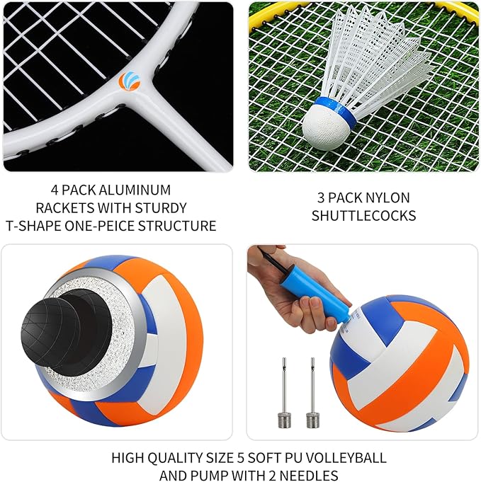 Outdoor Volleyball Badminton Combo Set with Net, Anti-Sagging Design, 4 Badminton Rackets, 3 Birdies and PU Volleyball for Backyard Lawn Beach