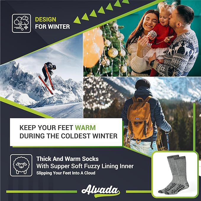 Alvada Merino Wool Hiking Socks Thermal Warm Crew Winter Boot Sock For Men & Women 3 Pairs