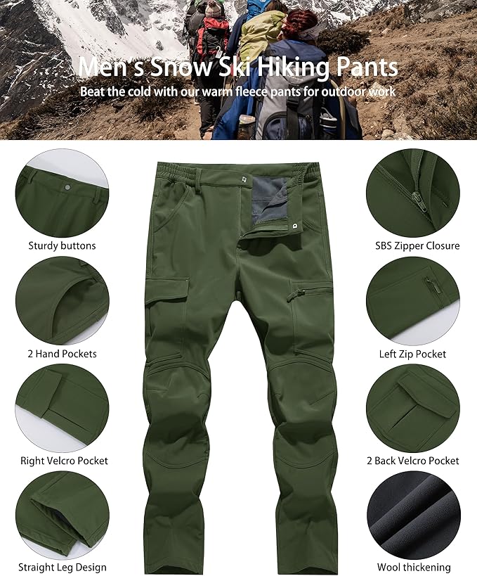 Men's Snow Ski Hiking Pants Winter Fleece Lined Softshell Outdoor Waterproof Insulated Cargo Work Pants