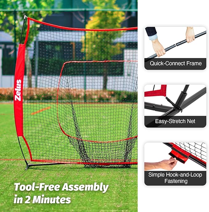 ZELUS Baseball Net 7 ft x7 ft, Softball Hitting & Pitching with Carry Bag, Ground Stakes, Portable Backstop & Bow Frame, Training Equipment for All Ages