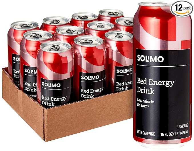 Amazon Brand - Solimo Red Energy Drink, Sugar-Free, Vegan, Low-Calorie, 16 fl oz (Pack of 12)