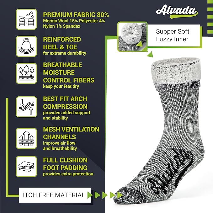 Alvada Merino Wool Hiking Socks Thermal Warm Crew Winter Boot Sock For Men & Women 3 Pairs