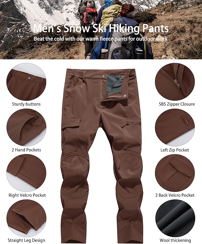 Men's Snow Ski Hiking Pants Winter Fleece Lined Softshell Outdoor Waterproof Insulated Cargo Work Pants