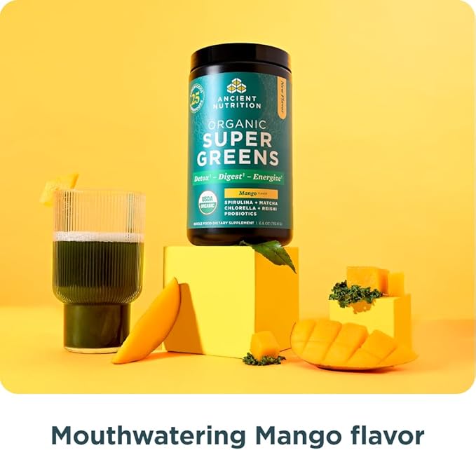 Ancient Nutrition SuperGreens Powder with Probiotics, Organic Mango Flavor Greens, Made from Real Fruits, Vegetables and Herbs, Digestive and Energy Support, 25 Servings, 6.8oz
