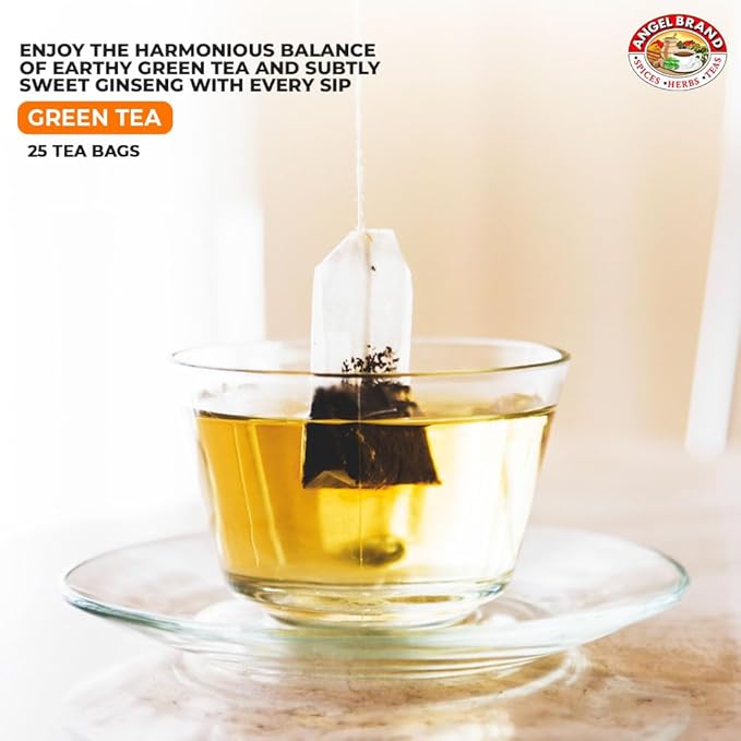 Angel Brand Green Tea with Ginseng Tea Bags 25 – Pack of 3 – Energizing & Antioxidant-Rich Herbal Blend & Ginseng Root - Balanced Flavor & Rich Nutrients With Health Benefits