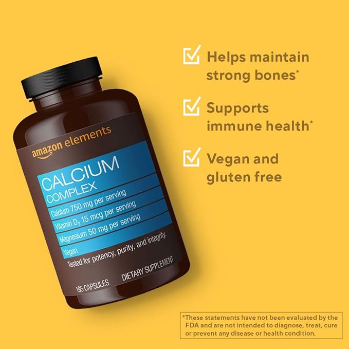 Amazon Elements Calcium Complex with Vitamin D, 250 mg Calcium (3 per Serving), Vegan, 195 Capsules (Packaging May Vary), Supports Strong Bones and Immune Health (Pack of 2)