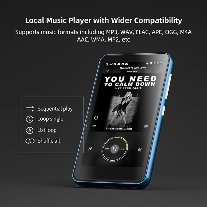 MP3 Player with Bluetooth and WiFi,MP3 Player with Spotify,Spotify Kids,Audible,Pandora,Amazon Music,4" Music Player MP4 Up to 1TB(80GB,Blue_White)