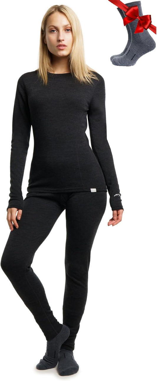 Merino.tech Merino Wool Base Layer Women Set - Heavyweight, Lite, Midweight Merino Thermal Underwear For Women Top, Bottom